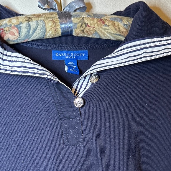 Karen Scott Navy Top with Striped Collar - Picture 9 of 10